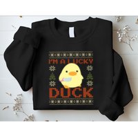IM A Lucky Duck Ugly Christmas Funny Duck With Knife Meme Sweatshirt