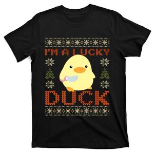 IM A Lucky Duck Ugly Christmas Funny Duck With Knife Meme T-Shirt