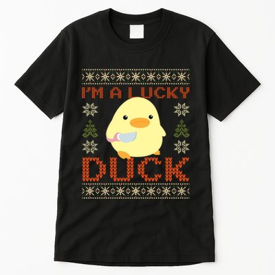 IM A Lucky Duck Ugly Christmas Funny Duck With Knife Meme Tall T-Shirt