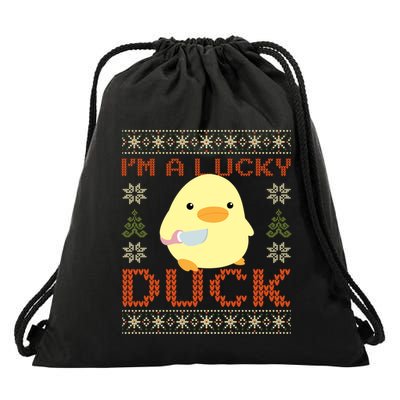 IM A Lucky Duck Ugly Christmas Funny Duck With Knife Meme Drawstring Bag