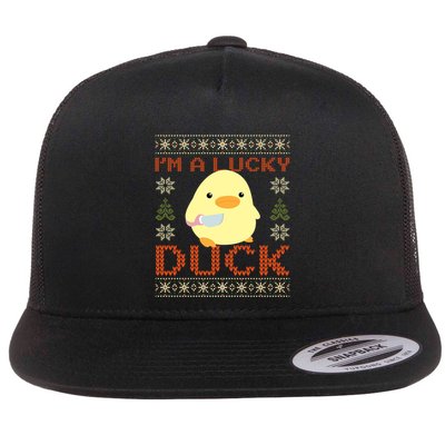 IM A Lucky Duck Ugly Christmas Funny Duck With Knife Meme Flatbill Hat