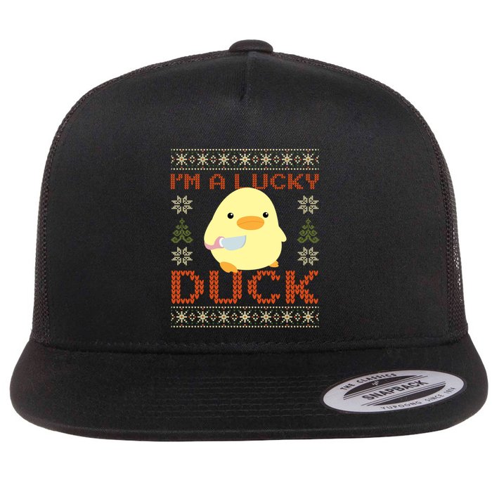 IM A Lucky Duck Ugly Christmas Funny Duck With Knife Meme Flatbill Hat