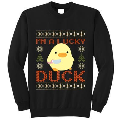 IM A Lucky Duck Ugly Christmas Funny Duck With Knife Meme Tall Sweatshirt