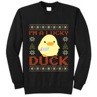 IM A Lucky Duck Ugly Christmas Funny Duck With Knife Meme Tall Sweatshirt