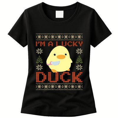 IM A Lucky Duck Ugly Christmas Funny Duck With Knife Meme Womens T-Shirt