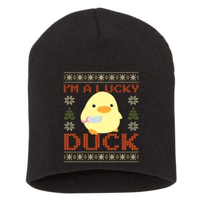 IM A Lucky Duck Ugly Christmas Funny Duck With Knife Meme Short Acrylic Beanie