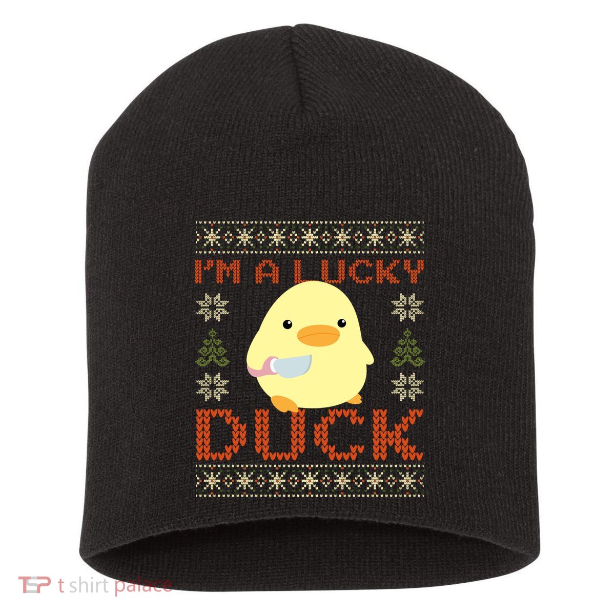 IM A Lucky Duck Ugly Christmas Funny Duck With Knife Meme Short Acrylic Beanie