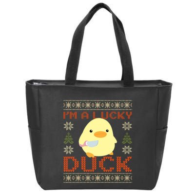 IM A Lucky Duck Ugly Christmas Funny Duck With Knife Meme Zip Tote Bag