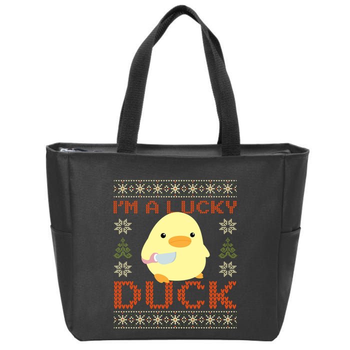 IM A Lucky Duck Ugly Christmas Funny Duck With Knife Meme Zip Tote Bag