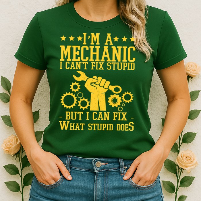 I'm A Mechanic I Can't Fix Stupid But I Can Fix What Stupid Does Womens T-Shirt