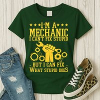 I'm A Mechanic I Can't Fix Stupid But I Can Fix What Stupid Does Womens T-Shirt