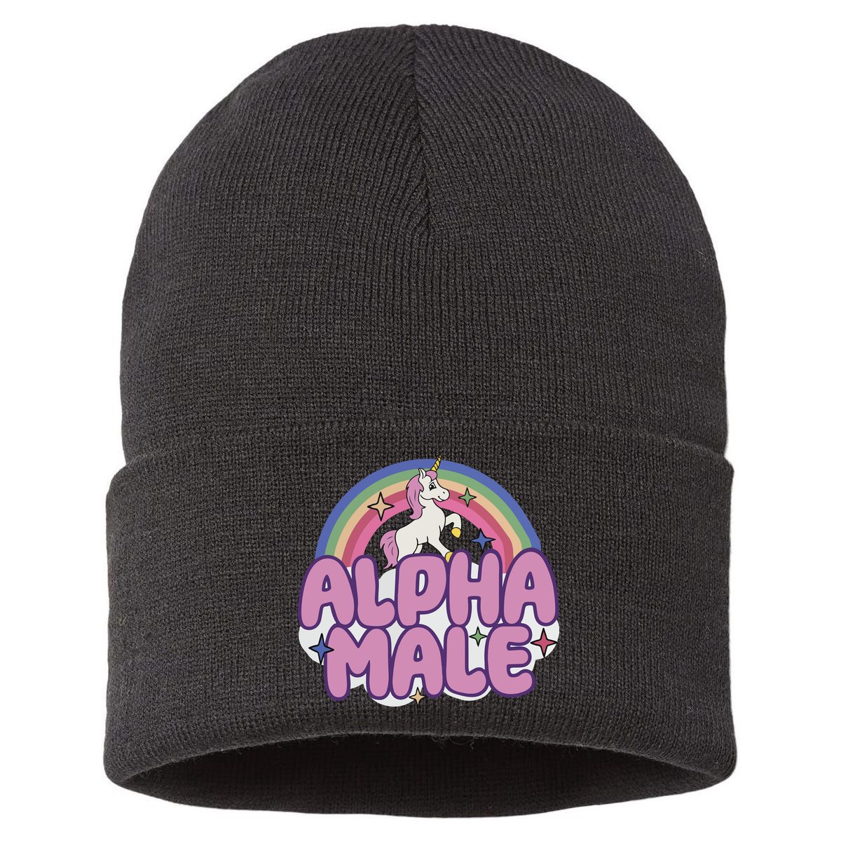 Ironic Alpha Male Unicorn Rainbow Sustainable Knit Beanie