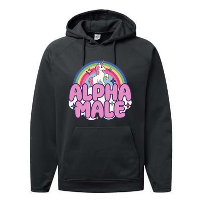 Ironic Alpha Male Unicorn Rainbow Funny Unisex Bella Performance Fleece Hoodie