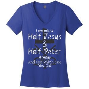 I Am Mixed Half Jesus And Half Peter Christian Runup Gift Women's V-Neck T-Shirt