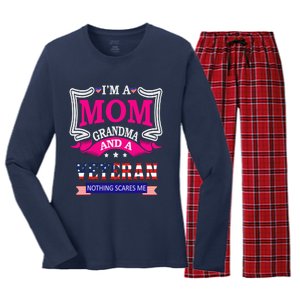 IM A Mom Grandma And A Veteran Nothing Scares Me Veteran Women's Long Sleeve Flannel Pajama Set 