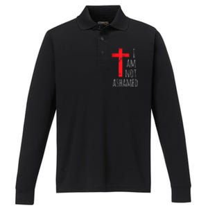 I Am Not Ashamed Big Red Cross Silhouette Image Gospel Performance Long Sleeve Polo