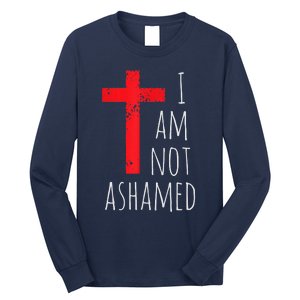 I Am Not Ashamed Big Red Cross Silhouette Image Gospel Long Sleeve Shirt