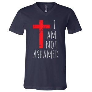 I Am Not Ashamed Big Red Cross Silhouette Image Gospel V-Neck T-Shirt