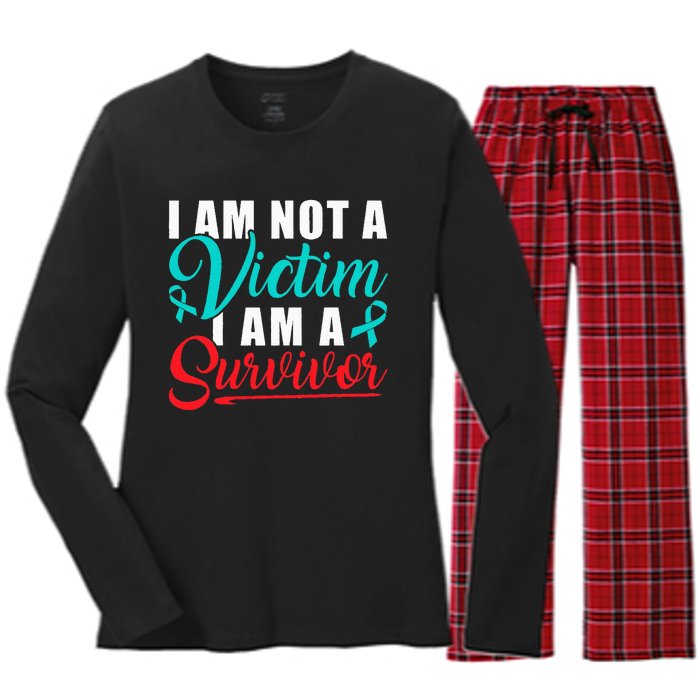 I Am Not A Victim I Am A Survivor Stop Sexual Abuse Ribbon Women's Long Sleeve Flannel Pajama Set 