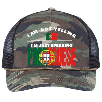 I Am Not Yelling I'm Just Speaking Portuguese Flag Portugal Gift Retro Rope Trucker Hat Cap