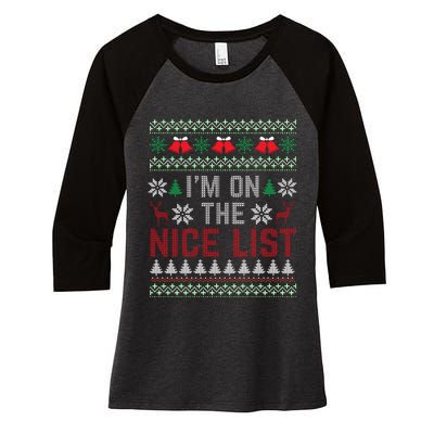 I Am On The Nice List Of Santa Christmas Ugly Sweater Graphic Women's Tri-Blend 3/4-Sleeve Raglan Shirt