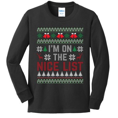 I Am On The Nice List Of Santa Christmas Ugly Sweater Graphic Kids Long Sleeve Shirt