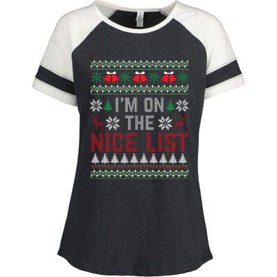 I Am On The Nice List Of Santa Christmas Ugly Sweater Graphic Enza Ladies Jersey Colorblock Tee