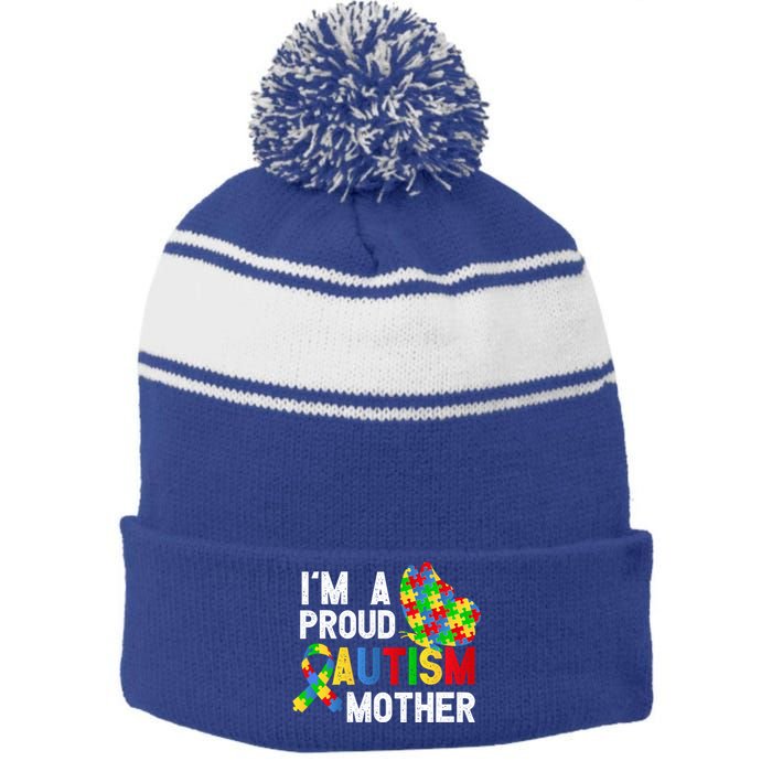 I'am A Proud Autism Mother Of A Warrior Gift Stripe Pom Pom Beanie