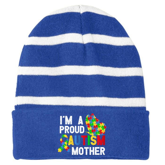 I'am A Proud Autism Mother Of A Warrior Gift Striped Beanie with Solid Band