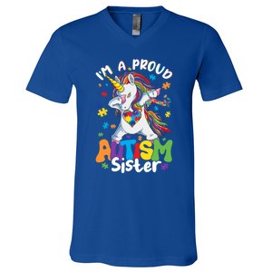 IM A Proud Sister Dabbing Unicorn Autism Awareness Puzzle Gift V-Neck T-Shirt