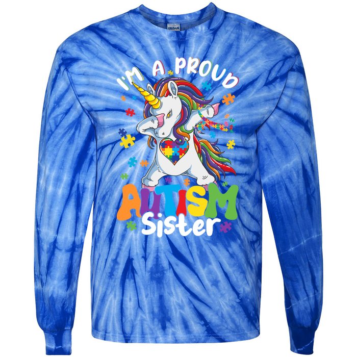 IM A Proud Sister Dabbing Unicorn Autism Awareness Puzzle Gift Tie-Dye Long Sleeve Shirt