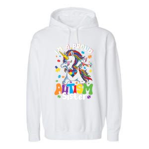 IM A Proud Sister Dabbing Unicorn Autism Awareness Puzzle Gift Garment-Dyed Fleece Hoodie