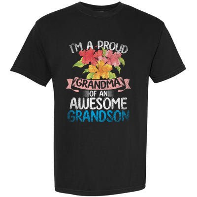 Im A Proud Grandma Of An Awesome Grandson Floral Grandma Cute Gift Garment-Dyed Heavyweight T-Shirt