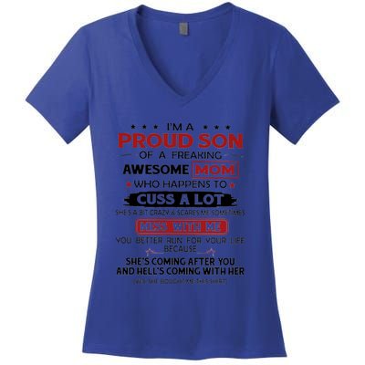 I'm A Proud Son Of A Freaking Awesome Mom Gift Women's V-Neck T-Shirt