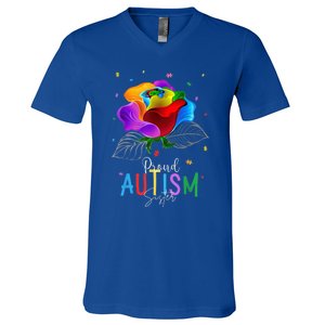 I'm a Proud Autism Sister Autism Awareness Puzzle Flowers V-Neck T-Shirt