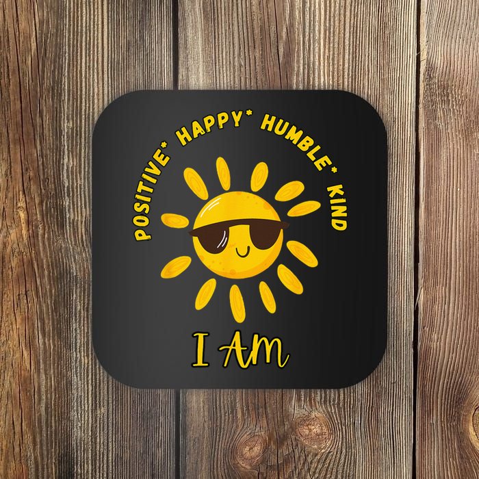 I AM Positive Energy Design With Sunshine Wearing Sunglasses Coaster