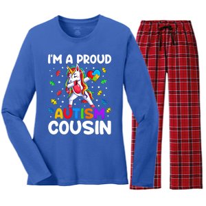 IM A Proud Cousin Autism Awareness Dabbing Unicorn Cute Gift Women's Long Sleeve Flannel Pajama Set 