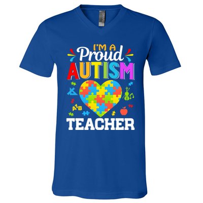 Im A Proud Autism Teacher Heart Puzzle Pieces Support Gift V-Neck T-Shirt