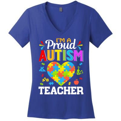 Im A Proud Autism Teacher Heart Puzzle Pieces Support Gift Women's V-Neck T-Shirt