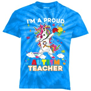 IM A Proud Teacher Dabbing Unicorn Autism Awareness Puzzle Gift Kids Tie-Dye T-Shirt