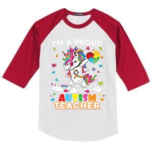 IM A Proud Teacher Dabbing Unicorn Autism Awareness Puzzle Gift Kids Colorblock Raglan Jersey