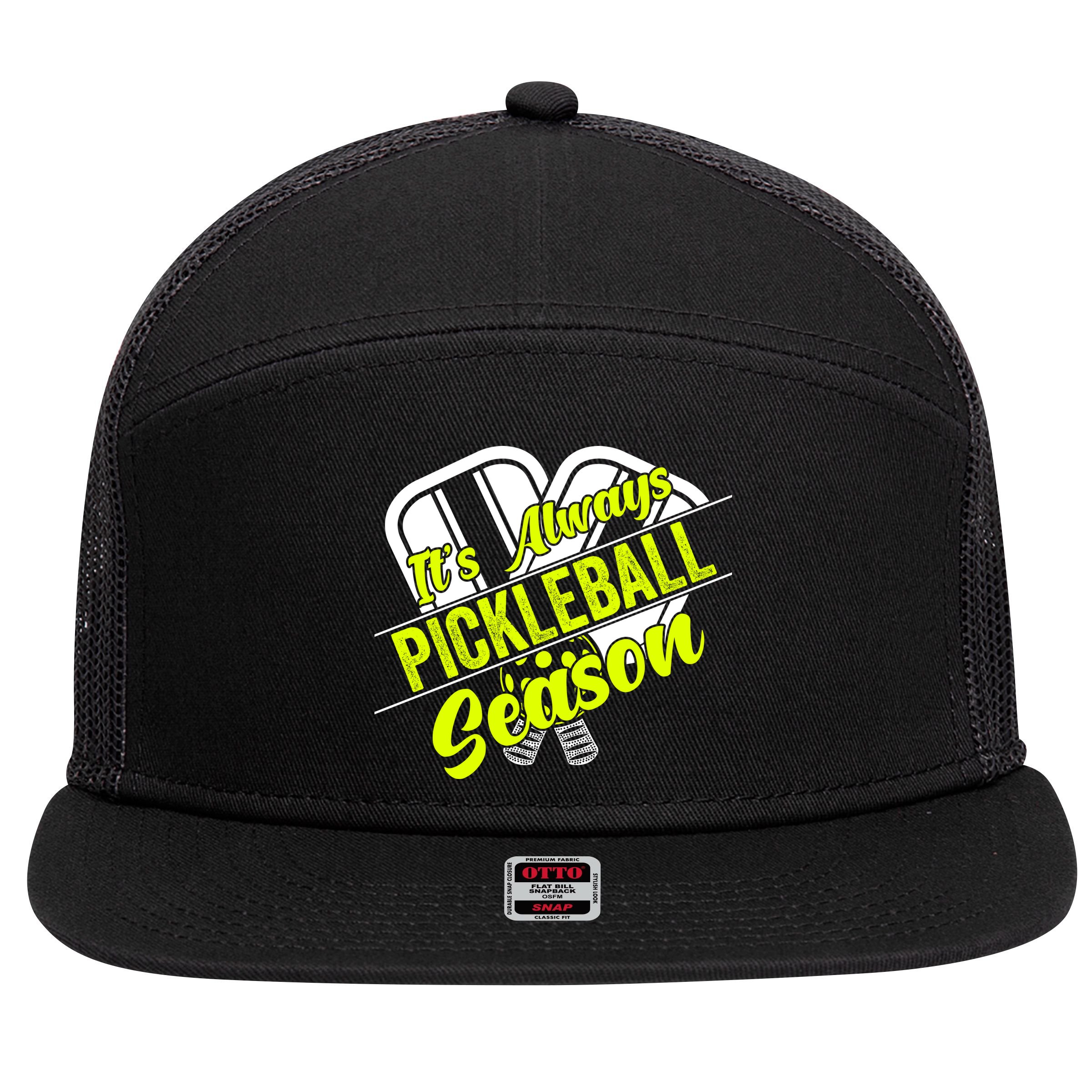 It's Always Pickleball Season Pickleball Paddle Gifts 7 Panel Mesh Trucker Snapback Hat