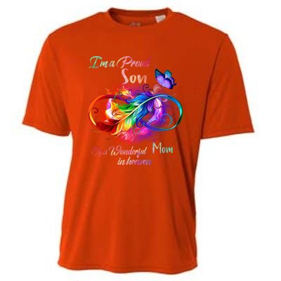 Im A Proud Son Of Wonderful Mom In Heaven Feather Infinity Gift Cooling Performance Crew T-Shirt