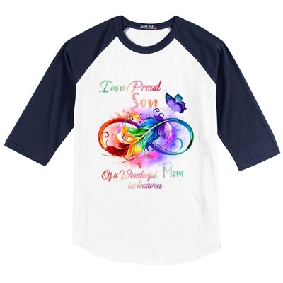 Im A Proud Son Of Wonderful Mom In Heaven Feather Infinity Gift Baseball Sleeve Shirt