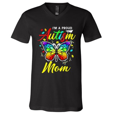 I'm A Proud Autism Mom Autism Awareness Butterfly Gifts V-Neck T-Shirt