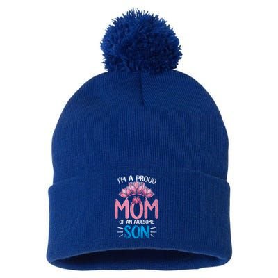 Im A Proud Mom Of An Awesome Son Mothers Day Floral Mom Gift Pom Pom 12in Knit Beanie