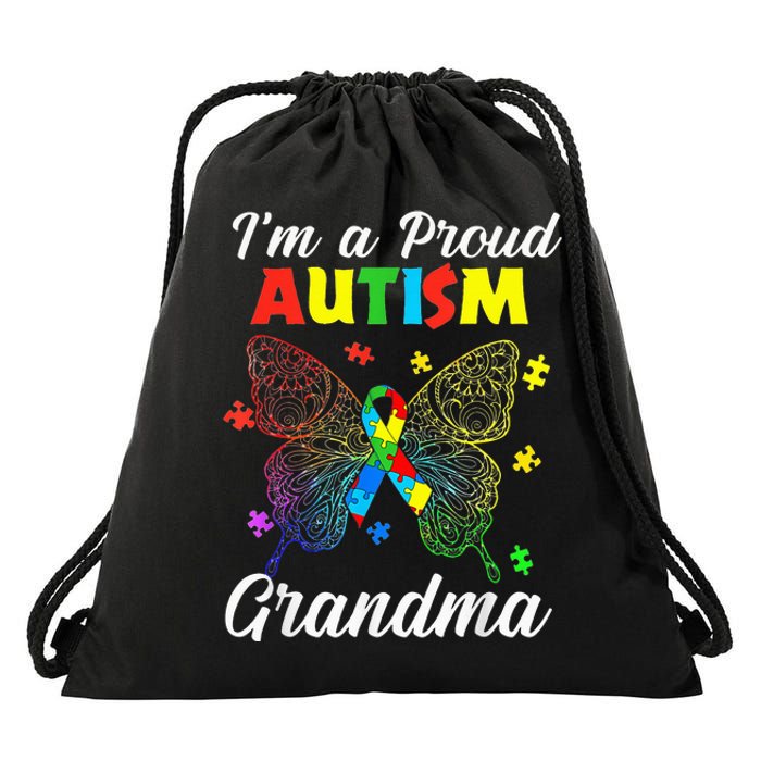 I'm A Proud Autism Grandma Puzzle Ribbon Butterfly Awareness Drawstring Bag