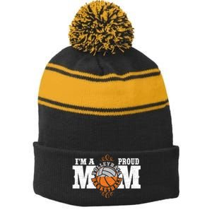 I'm a Proud Basketball Volleyball Mom - Combined Sports Stripe Pom Pom Beanie