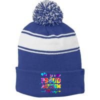 I'm A Proud Autism Mommy Tie Dye Gnome Gift Stripe Pom Pom Beanie