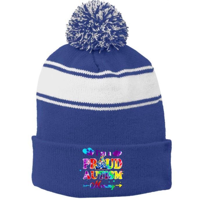 I'm A Proud Autism Mommy Tie Dye Gnome Gift Stripe Pom Pom Beanie